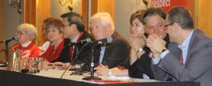 1IMG_2811 “(The Conservative Party) is claiming they are eliminating the backlog for people who have applied to come to Canada,” said interim Liberal leader Bob Rae (middle). “But their way of eliminating the backlog is not to increase the speed to which claims are being considered, but is simply to eliminate the backlog.” - Photo by Salam Toronto